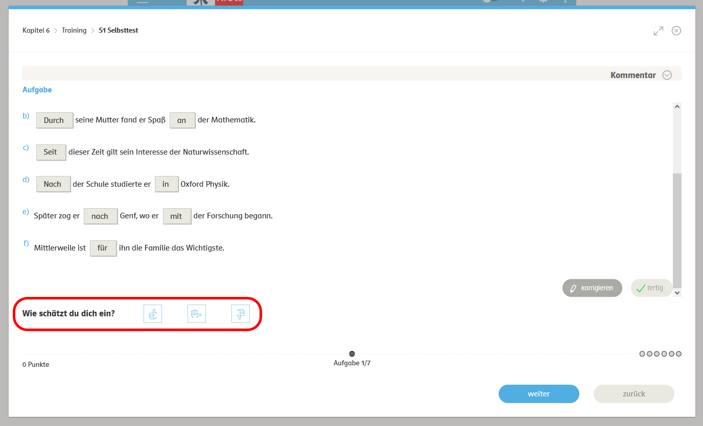deutsch.kombi plus eCourse Selbsttestsequenz