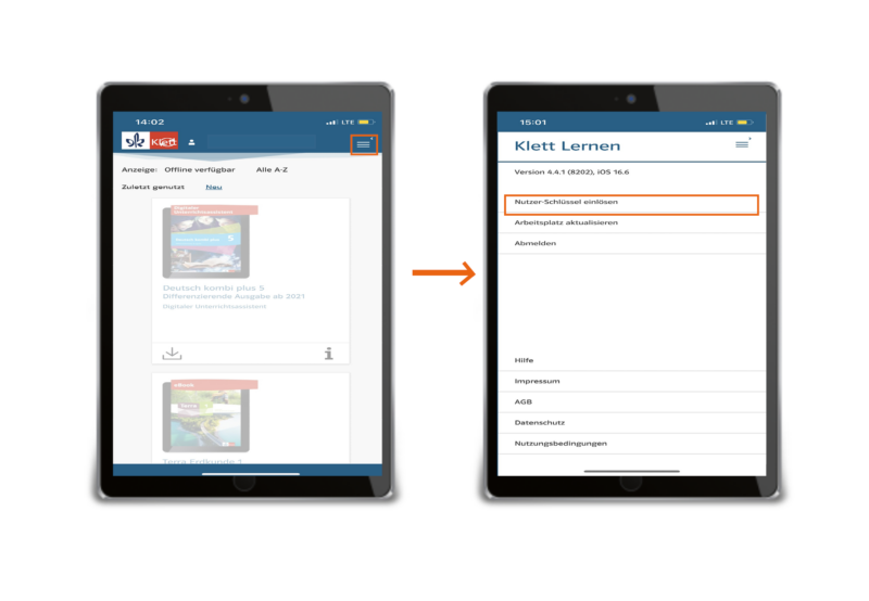 Anleitungsbild Klett Nutzer-Schlüssel in der Klett Lernen App