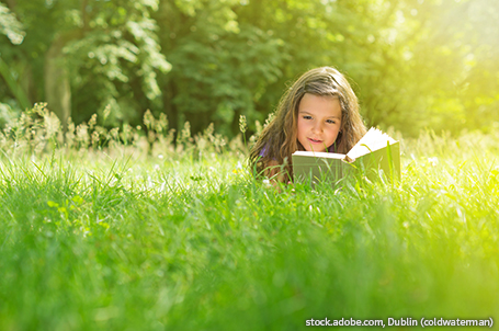 Spannendes Buch auf Sommerwiese Mädchen liest ein spannendes Buch auf Sommerwiese