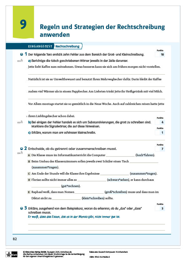 Kopiervorlagen_Deutsch_kompetent_10_Eingangstest_RS Voransicht Kopiervorlage Deutsch kompetent 10 Eingangstest Rechtschreibung aus 978-3-12-316256-5