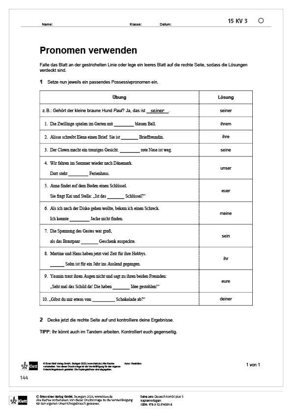 Voransicht Kopiervorlage Deutsch kombi plus 5 Pronomen aus 314501
