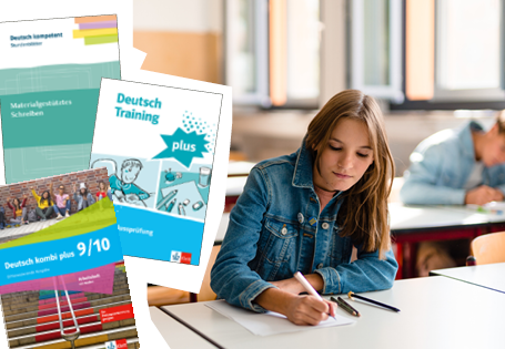 Eine Schülerin sitzt im Klassenraum am Tisch nd schreibt eine Prüfung. Im Vordergrund sind die Cover der im Beitrag behandelten Lehrwerke abgebildet.