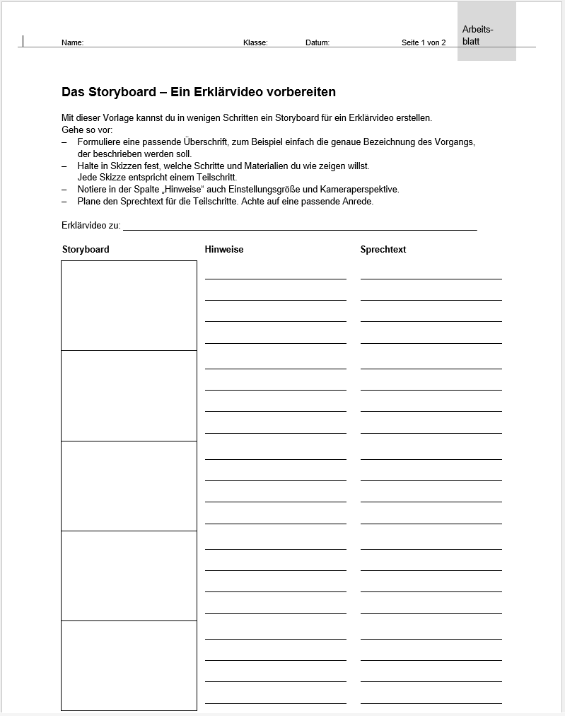 Voransicht_KV_Storyboard Voransicht Kopiervorlage Storyboard schreiben